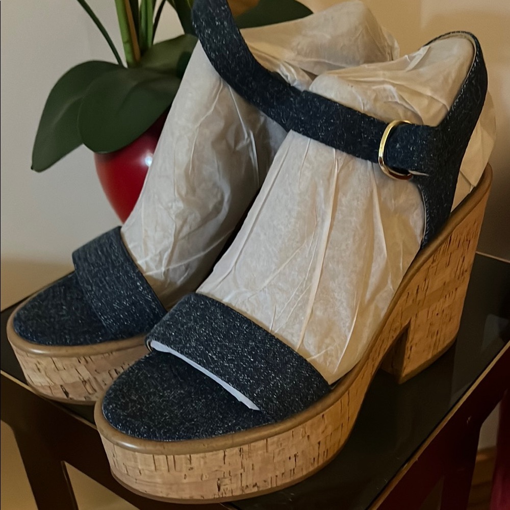 Nine West Blue and Tan Wedge Sandals with Ankle Strap